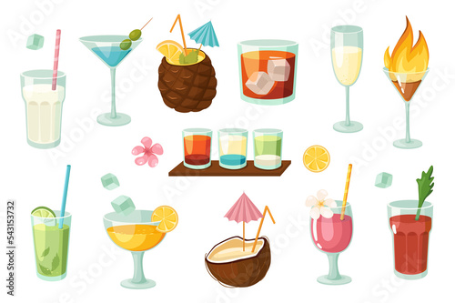 Alcoholic and non-alcoholic cocktails design elements set. Collection of milkshake, martini, mojito, bloody mary, wine, juice, summer drink. Illustration isolated objects in flat cartoon style