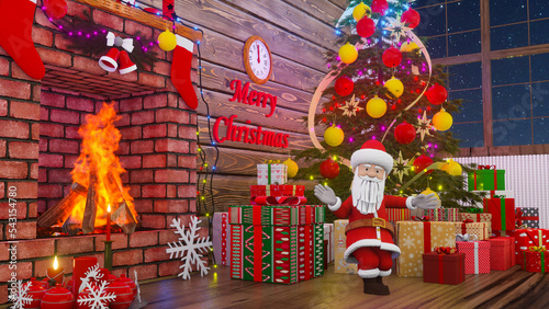 Santa Claus dancing near the Christmas tree. Merry Christmas and Happy New Year 3d rendering. Seamless loop. Christmas Santa dance animation.