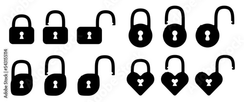 Padlock set isolated on white background. Open, closed lock icon set to use in design projects for IT, cyberspace, internet security, privacy, webdesign. Rectangle, round, heart shape lock set