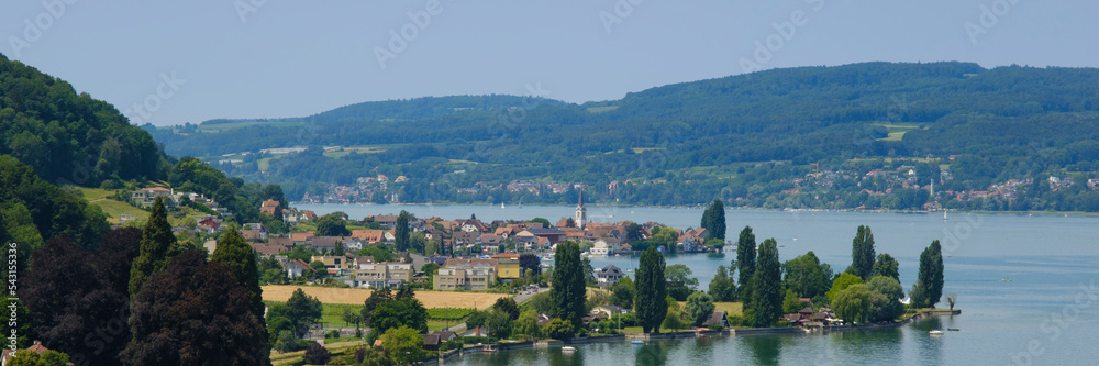 Ausblick vom Arenenberg auf Mannenbach, Salenburg, Bodensee, Thurgau, Schweiz, Europa