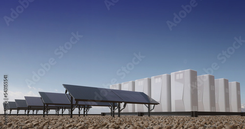 Concept energetic technology. Dawn of new renewable energy technologies. Modern, aesthetic, and efficient dark solar panel panels, a modular battery energy storage system in warm light. 3D rendering