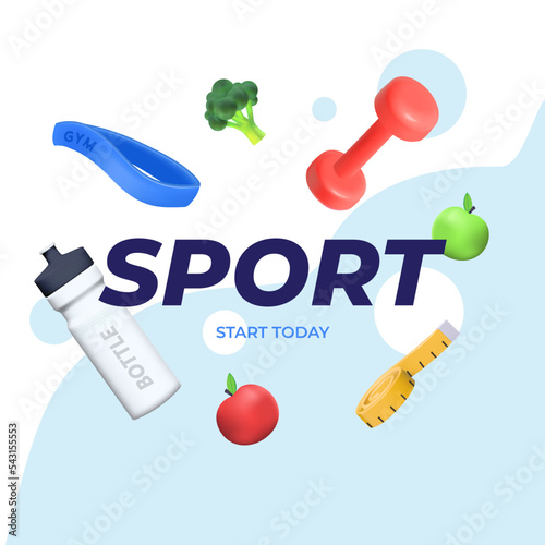 Banner template with skipping rope. Sports 3d elements, a bottle of water, a kettlebell, an elastic band for sports.