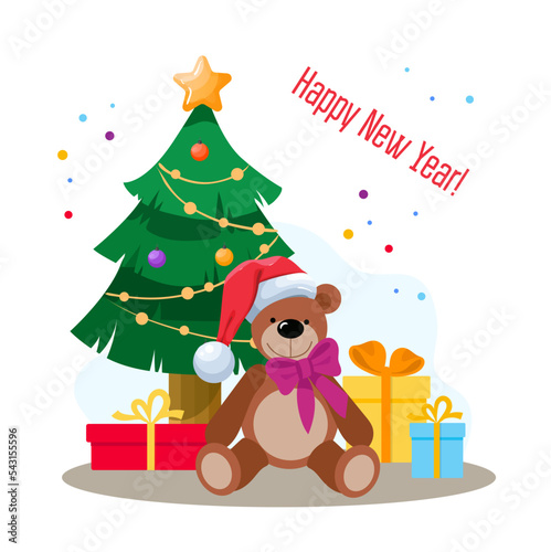 Christmas tree with gifts and teddy bear. Cozy Christmas. Vector illustration in cartoon style.