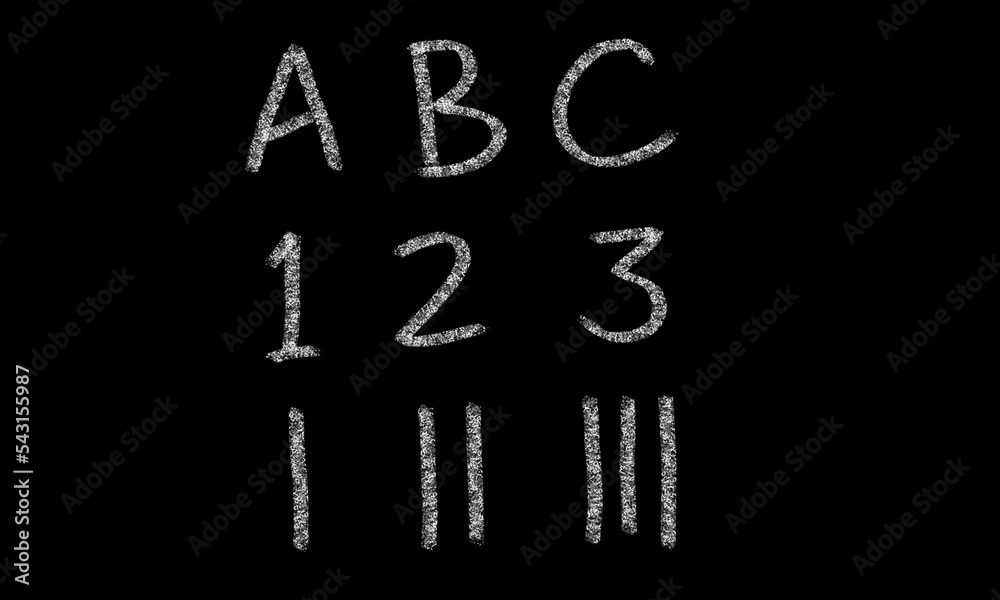 Alphabet is written in chalk on a blackboard. ABC 123 and roman numbers on a chalkboard. Alphabet is written in chalk on a blackboard. ABC 123 and roman numbers on a chalkboard.
