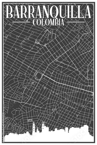 Black vintage hand-drawn printout streets network map of the downtown BARRANQUILLA, COLOMBIA with highlighted city skyline and lettering