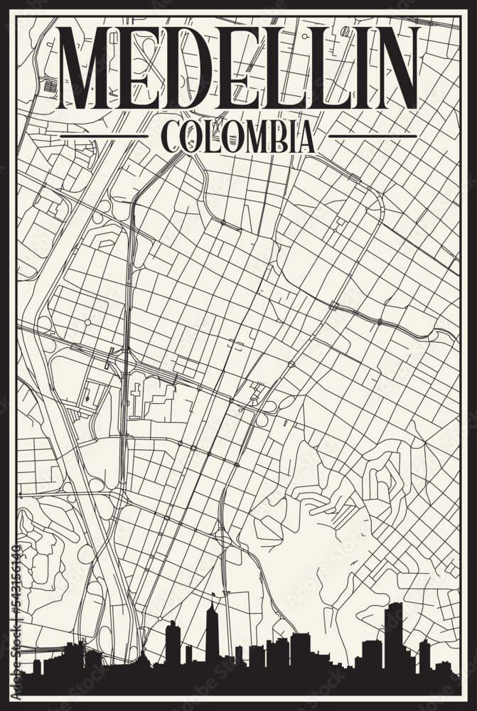 Fototapeta premium White vintage hand-drawn printout streets network map of the downtown MEDELLIN, COLOMBIA with highlighted city skyline and lettering