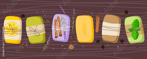 Handmade natural soap bar with ingredients on brown wooden table. Natural soap with plants, spices, herbs. Vector flat Illustration isolated. Aromatherapy and skin hygiene eco herbal cosmetics.