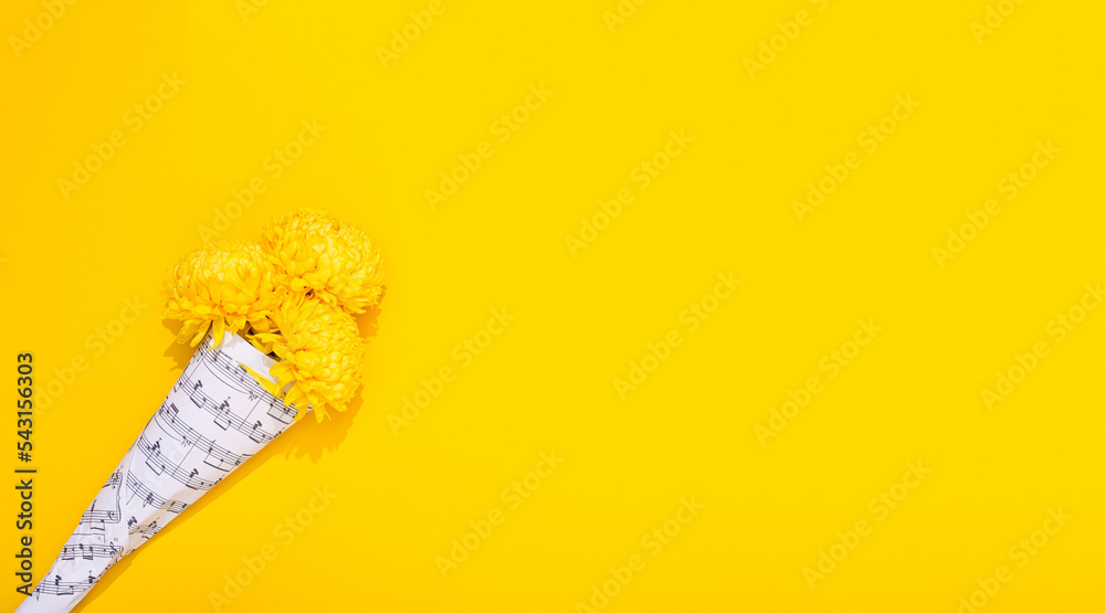 Bouquet of three lush chrysanthemums wrapped in a sheet with musical notes on yellow background. A holiday theme of music lovers. Happy Valentine Day February 14. Woman Day March 8. Mother Day May 8 Bouquet of three lush chrysanthemums wrapped in a sheet with musical notes on yellow background. A holiday theme of music lovers. Happy Valentine Day February 14. Woman Day March 8. Mother Day May 8