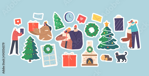 Set of Stickers Young Couple Celebrate Christmas Holiday Giving Gifts and Hugging near Fir Tree. Happy Xmas Celebration