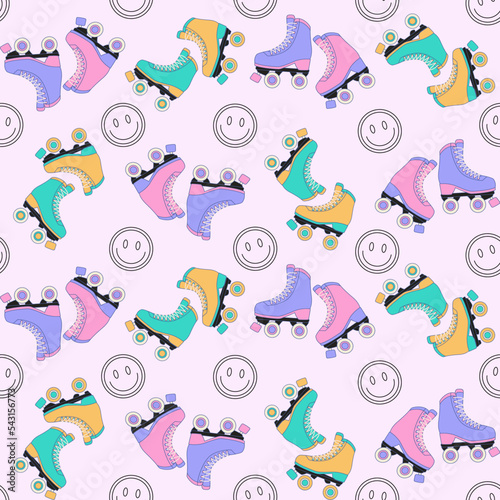 Seamless Y2k pattern with Roller Skates. Maiden print for graphic t-shirt, journal cover, wrapping paper. Vector illustration
