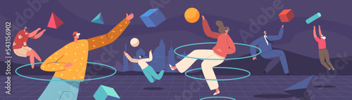 Metaverse Augmented Reality Concept. People Wear Vr Glasses And Headset Connected To Virtual Reality Space Illustration