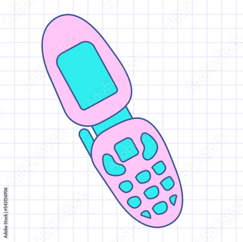 Poster with clamshell. Cute and stylish mobile phone. Old model from 90s. Hand drawn vector illustration. Vintage electronics concept.