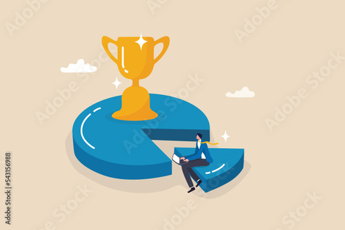 Pareto principle, 80 to 20 rule or work efficiency, minimal effort for big outcome, productivity to generate great result concept, businessman working on 20 percent pie chart with trophy on 80 part. photo
