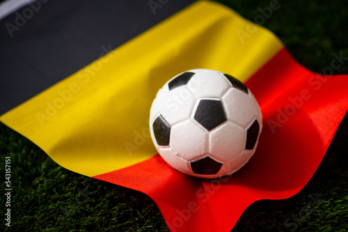 Belgium national football team. National Flag on green grass and soccer ball. Football wallpaper for Championship and Tournament in 2022. World international match.