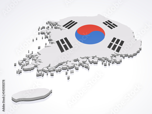 3D map of South Korea in the colors of the South Korean flag isolated on a white background with a shadow