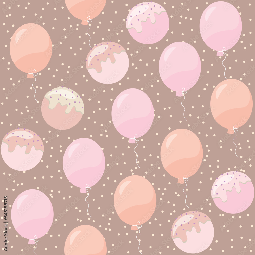 vector seamless pattern with flying balloons and cookies. pattern with balloons and sweets on a background with polka dots vector seamless pattern with flying balloons and cookies. pattern with balloons and sweets on a background with polka dots
