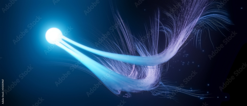 Abstract 3D illustration of glowing blue orb with long curly waving tendrils, science or research concept, neuron cell or synapse visualization on black background - obrazy, fototapety, plakaty 
