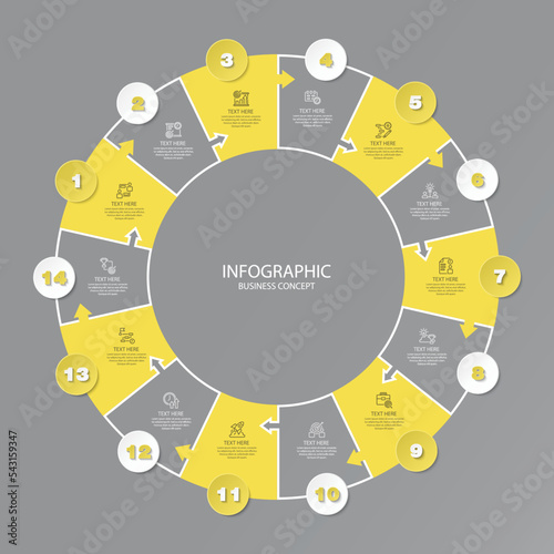 Basic circle infographic with 14 steps, process or options.