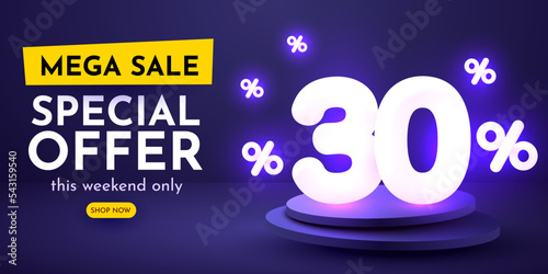 30 percent Off. Discount creative composition. 3d sale symbol with decorative objects. Sale banner and poster.