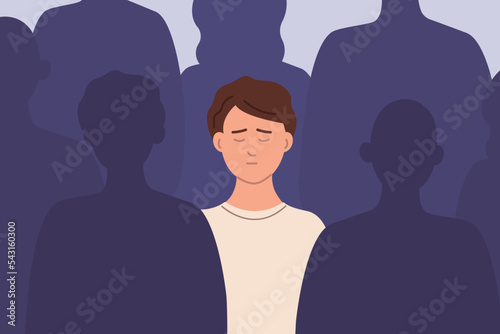 Sad unhappy man among crowd of people feels lonely. Depression, problems with communication, friends, isolation. Vector flat illustration