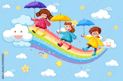 Happy kids in in the sky with rainbow