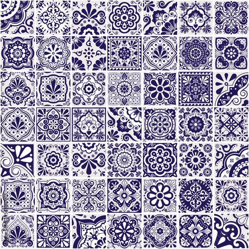 Mexican talavera tiles vector seamless pattern- big 49 different navy blue design set, perfect for wallpaper, textile or fabric print 