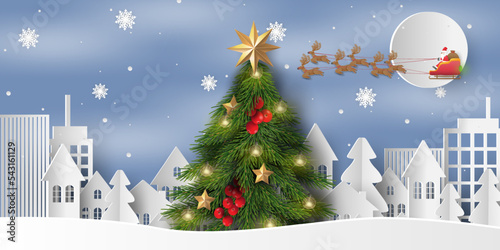 Merry Christmas and happy new year. Christmas tree with Santa Claus and reindeer in winter season.	