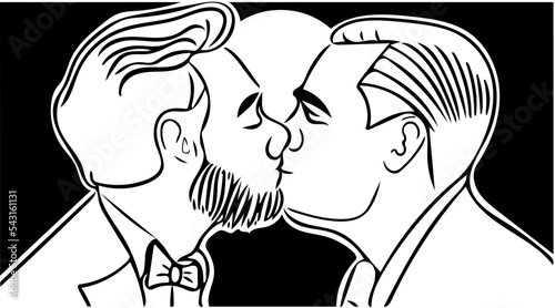 Gay men kiss.  They wear suits.  The moon shines in the background.  Outline for coloring.  Vector.
