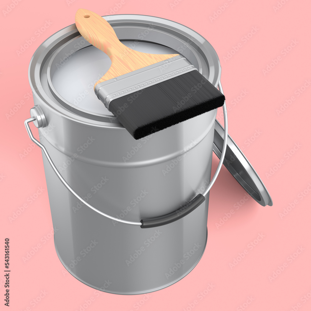 Open metal can or buckets with paint bristle brush on pink background. - obrazy, fototapety, plakaty 