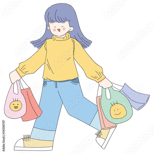 Girl shopping vector illustration in line filled design