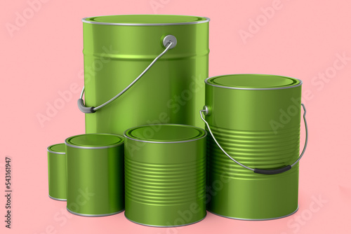 Set of metal can or buckets of paint in row pattern on pink background.