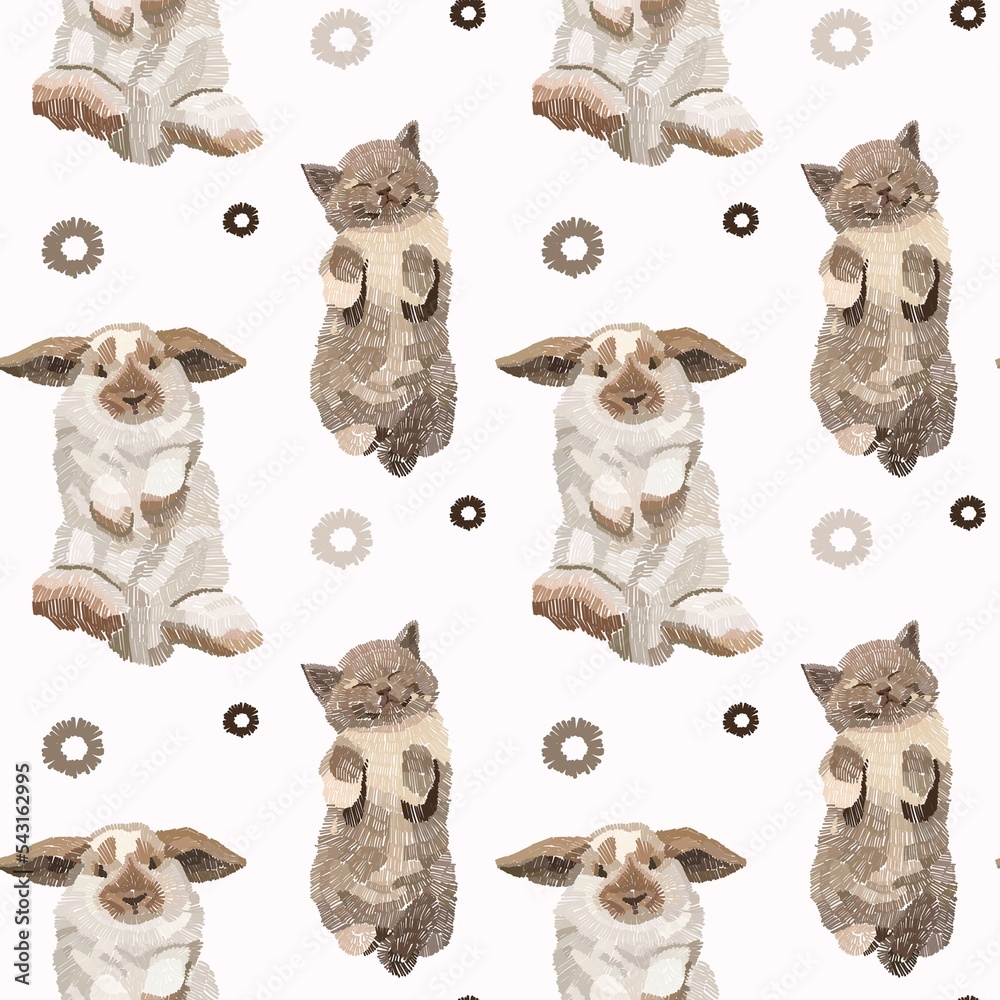 Fototapeta premium Cute rabbit and kitten seamless pattern. Cute background for packaging, wrappers, notebooks, scrapbooking, wallpapers and prints.