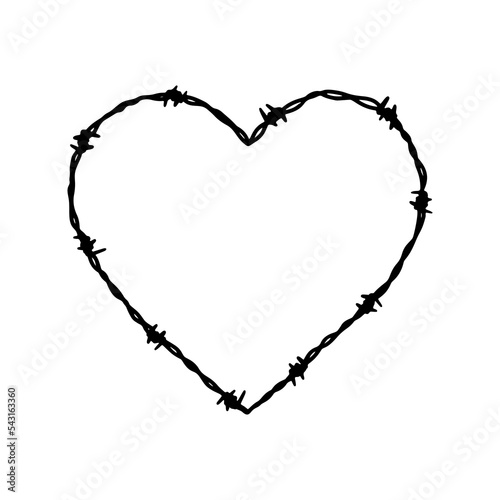 Barbed wire heart shape frame. Hand drawn vector illustration in sketch style. Design element for military, security, prison, slavery concepts