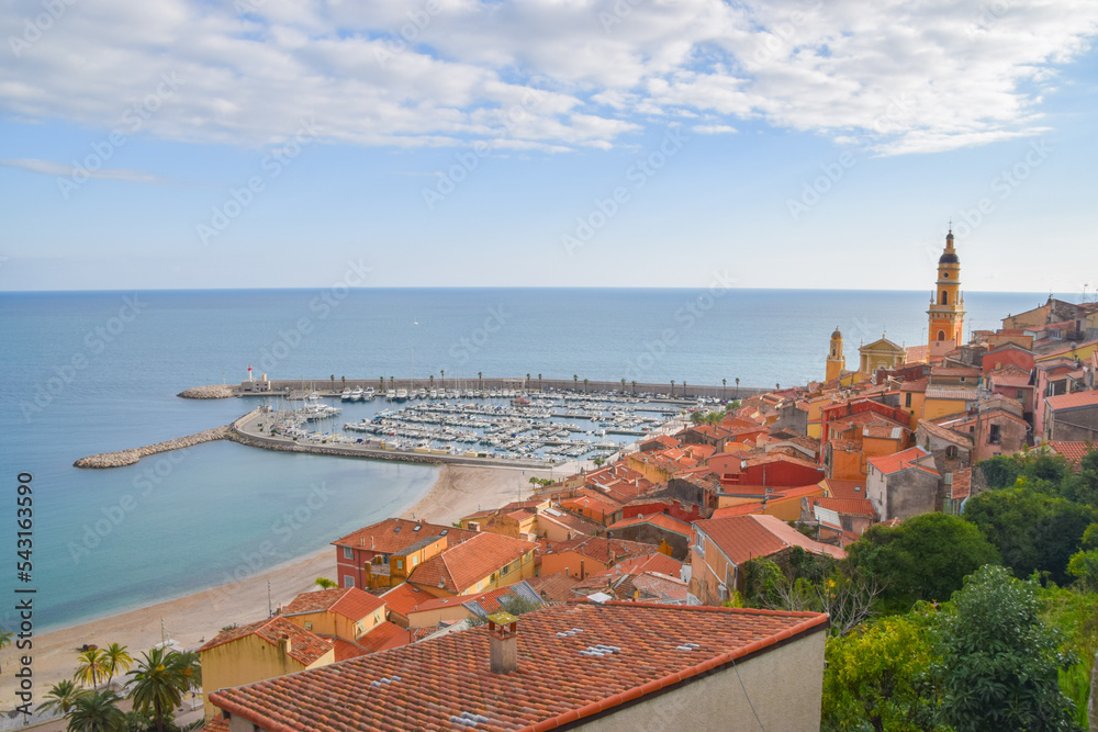 Aerial panoramic view of Menton Old Town, port and coast, South of France.