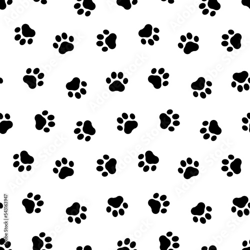 Small paw seamless pattern. Repeating cartoon black dog or cat on white background. Repeated marks pet texture for design prints. Repeat modern backdrop. Checked pawprints patern. Vector illustration 