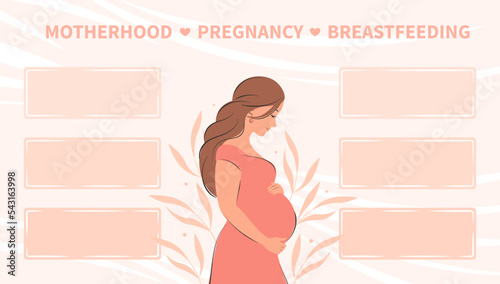Banner about pregnancy, breastfeeding and motherhood. Pregnant woman, future mom. Tips, different data, informations expectant mothers. Vector illustration.