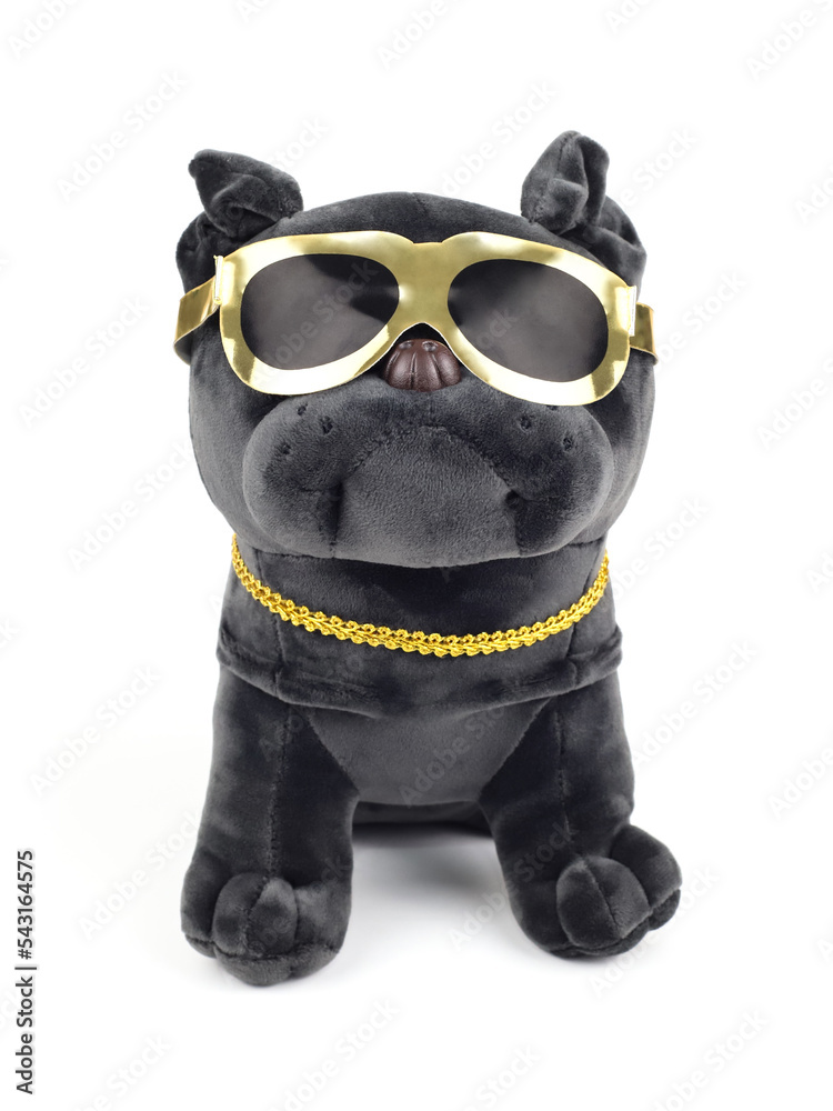 Plush soft black pug dog toy with golden sunglasses and collar isolated on white background. Close-up, front view, vertical photo