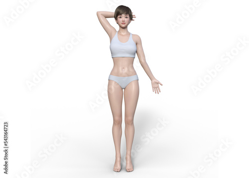 白い下着をつけたナチュラルな3Dモデル女性の全身正面のイラスト