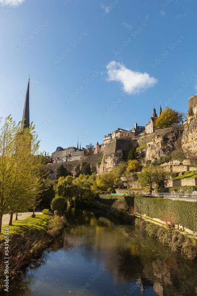 View of the Pétrusse river, old fortress and casemates in Luxembourg City with urban garden. Wenzel Pad.