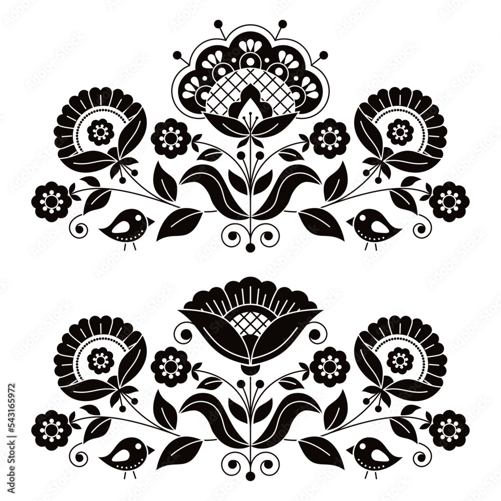 Swedish floral folk art vector black and white greeting card design ...