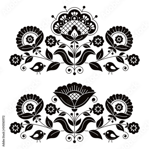 Swedish floral folk art vector black and white greeting card design elements inspired by traditional Scandinavian embroidery patterns
