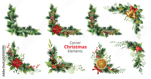 Set of corner Christmas elements with poinsettia, berries, cones, jingle bells, orange slices. Spruce corner garlands.