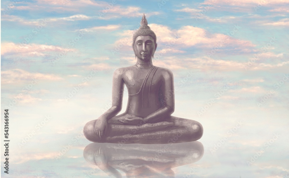 Buddha statue with the sky. Concept art of Buddhist, faith, meditation and religion. painting illustration. surreal art. Buddha statue with the sky. Concept art of Buddhist, faith, meditation and religion. painting illustration. surreal art.