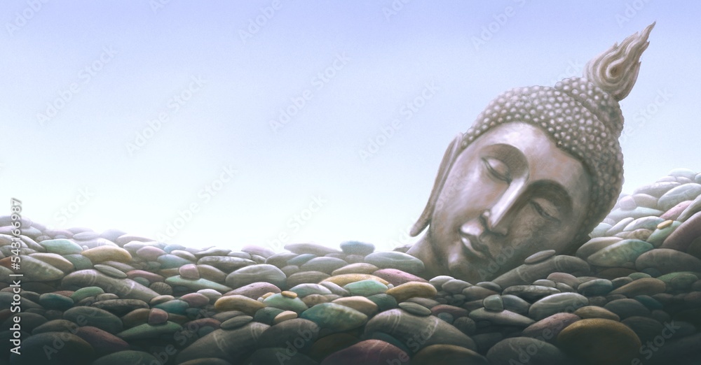 Buddha statue with the sky. Concept art of Buddhist, faith, meditation and religion. painting illustration. surreal art. - obrazy, fototapety, plakaty 