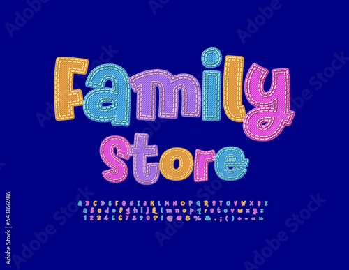 Vector colorful sign Family Store. Bright Jeans Font. Creative handwritten Alphabet Letters and Numbers set. 