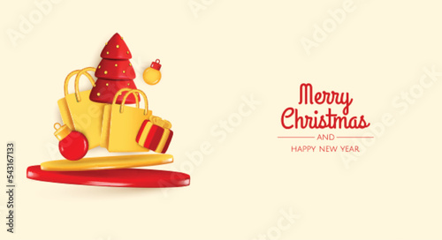Happy New Year and Merry Christmas. Christmas holiday background with realistic 3d object, christmas balls, conical christmasl tree. Levitation falling design composition