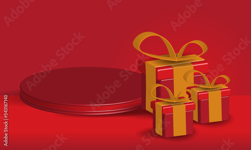 Red podium with christmas gift realistic 3d isolated vector