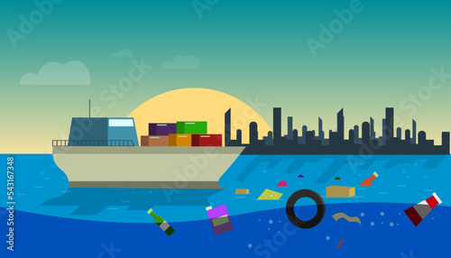 Illustration of water pollutions showing littering into the water, ocean, sea, lake
