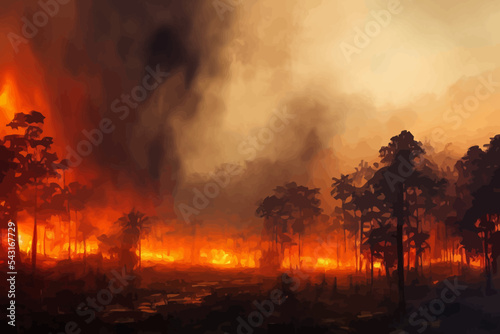 painting of war scenery jungle in fire and smoke
