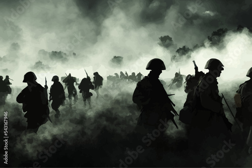 Canvas Print silhouettes of soldiers in battle, world war 1 scenery